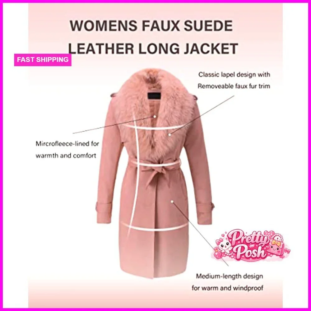 Faux Leather Trench Coat Fleece-Lined with Detachable Fur Collar - Picture 3 of 7